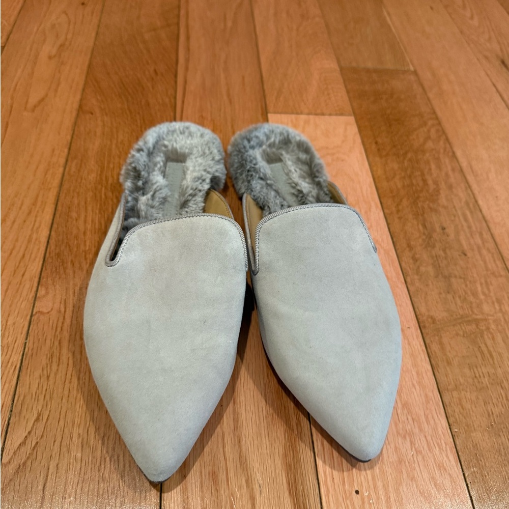 Banana Republic Light Gray Faux Fur Mules
